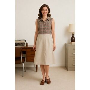 Vintage 1970s Earthy Preppy Orange Beige Houndstooth Plaid Melissa Lane 12 Dress